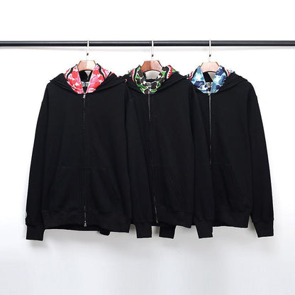 Bathing Ape Hoodie Fall/Winter Double Hood Camouflage Shark Head Zipper Fleece Padded Coat Sweatshirt