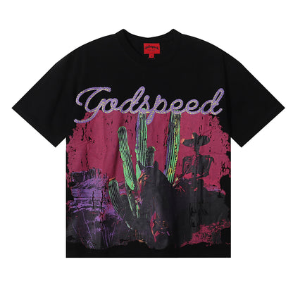 Godspeed T-shirts Western Skull Denim Cactus Print Cotton Casual Short Sleeve Men and Women