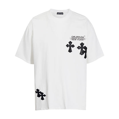 Chrome Heart T Shirts Cross Color Leather Printed Short Sleeve T-Shirt Loose