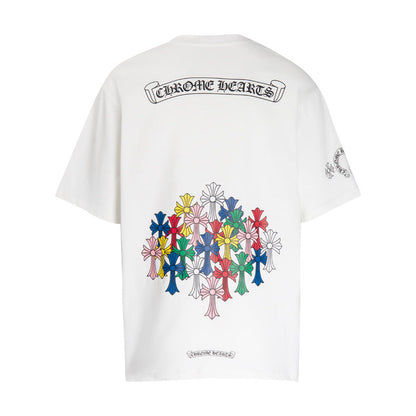 Chrome Heart T Shirts Colorful Cross Flower Arm Short Sleeve